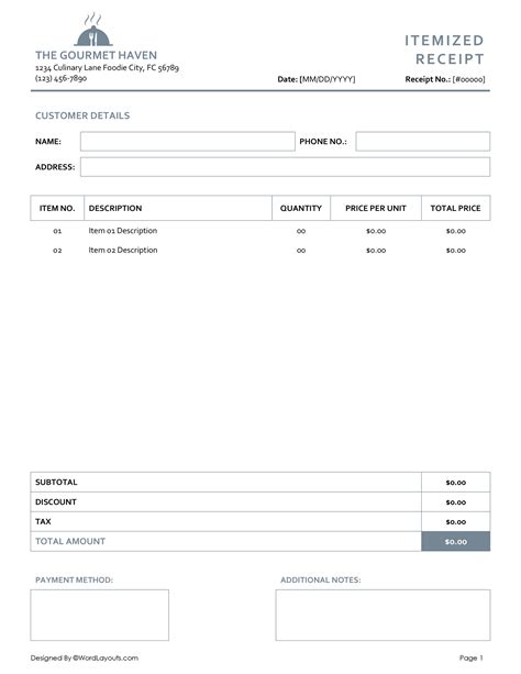 Itemized Restaurant Receipt Template - WordLayouts