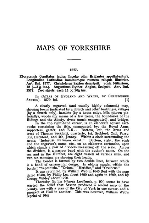 MAPS OF YORKSHIRE - A Descriptive List of the Printed Maps of Yorkshire and its Ridings, 1577–1900