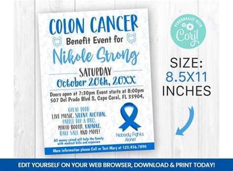 Editable Colon Cancer Fundraiser Event Flyer Blue Ribbon Etsy