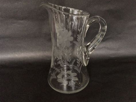 Vintage Etched Glass Pitcher Mid Century American Glass Tall Glass Pitcher Etched Flowers And