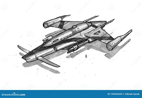 Concepto Art Drawing De La Tinta De Nave Espacial O De Nave Espacial