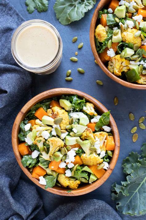 Roasted Cauliflower Kale Salad With Tahini Dressing Evolving Table