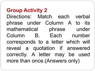 Translating Verbal Phrases To Mathematical Phrases Pptx