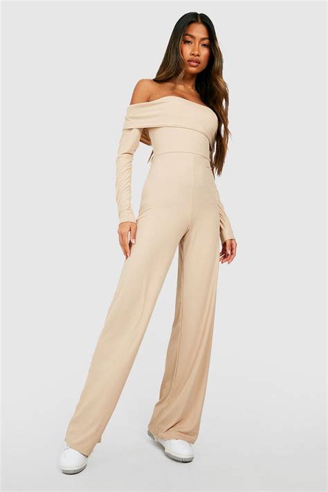 Brushed Rib Off The Shoulder Jumpsuit Boohoo