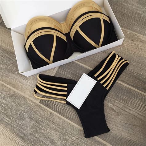 Sexy Bandeau Bikini Set Strapless 2018 Female Swimsuit Thong Black