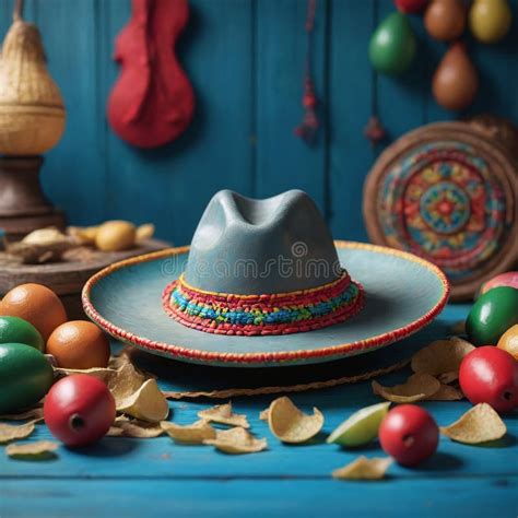 Cinco De Mayo With Sombrero Maracas On Blue Wood Generative Ai Stock Illustration