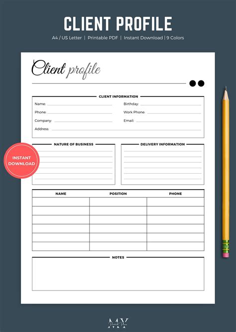 Client Profile Template Printable, Client Information Form, B2B ...