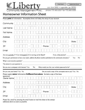 Fillable Online Homeowner Information Sheet Blibertycmbbcomb Fax