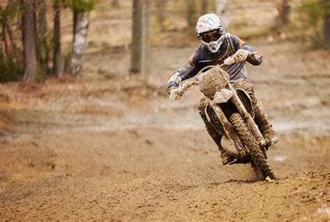 Enduro Driver Driving The Motorbike On The Race Track Stock Image