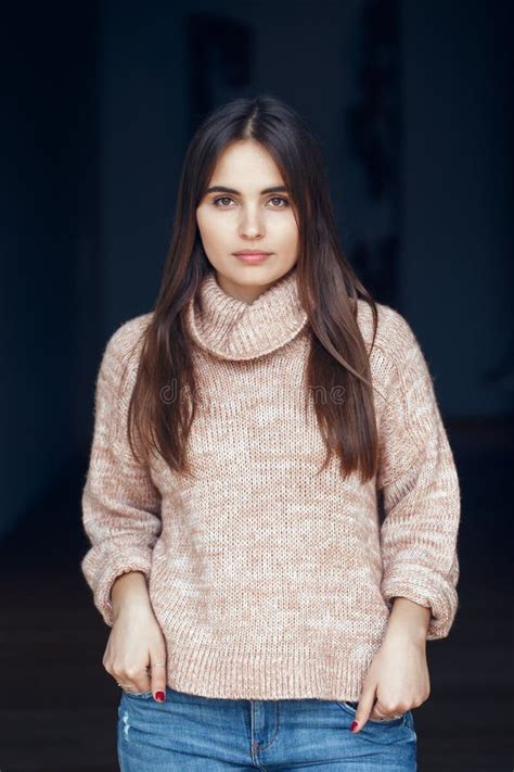 Portrait Of Smiling Caucasian Brunette Young Beautiful Girl Woman Model