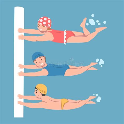 Kids Learning To Swim in Swimming Pool. Children in Swimwear, Caps and ...