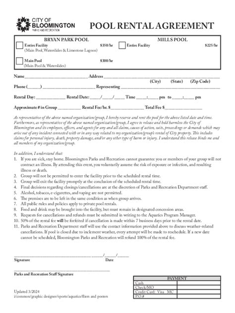 Fillable Online Bloomington In Municipal Swimming Pool Rental Agreement