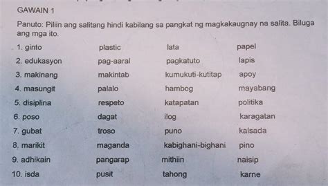 Gawain Panuto Piliin Ang Salitang Hindi Kabilang Sa Pangkat Ng