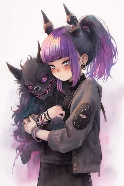 Premium Photo | Anime girl with purple hair holding a black cat and a purple demon generative ai