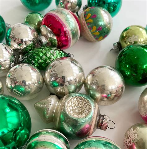 Vintage Green Glass Ornaments Mixed Lot Of 25 Green Silver Tone Christmas Tree Decor Shiny Brite