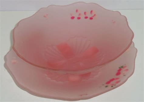 Satin Pink Bowl Plate Serving Frost Depression Glass Dish Hand Painted