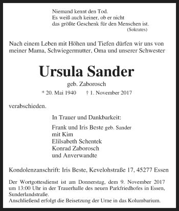 Traueranzeigen Von Ursula Sander Trauer In Nrw De