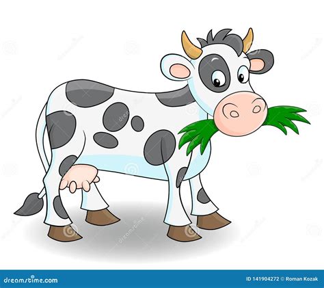 Cute Cartoon Cow Eating Grass Stock Vector Illustration Of Domestic