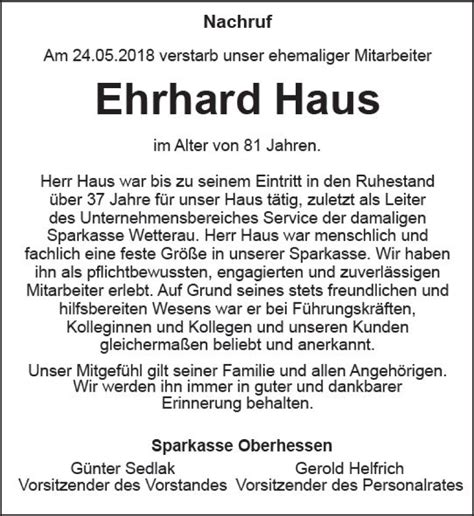 Traueranzeigen Von Ehrhard Haus Vrm Trauer De