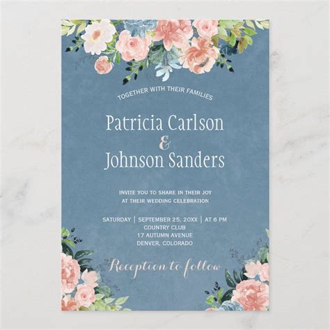 Spring Rustic Dusty Blue And Blush Floral Wedding Invitation Zazzle