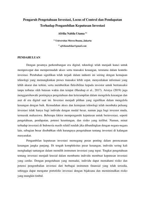 PDF Pengaruh Pengetahuan Investasi Locus Of Control Dan Pendapatan