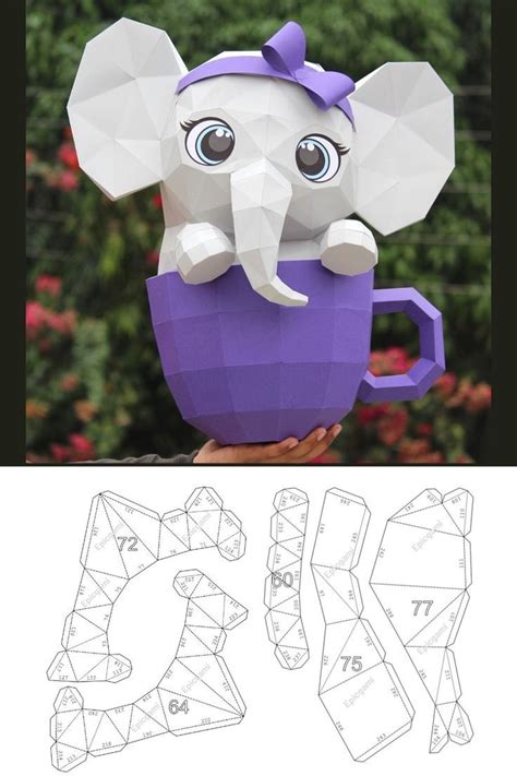 Buy Papercraft 3d Cute Elephant In Cup Svg And Pdf Low Poly Papercraft