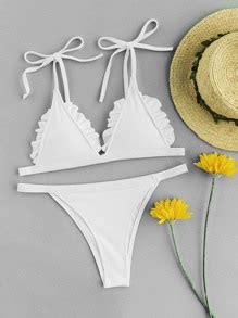 Ruffle Detail Ribbed Triangle Bikini Set SheIn Sheinside