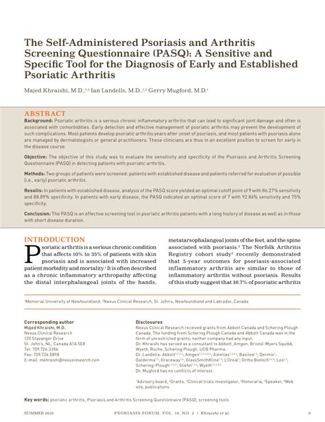 PDF Psoriasis And Arthritis Screening Questionnaire PASQ