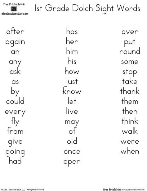 List Of Sight Words For First Grade