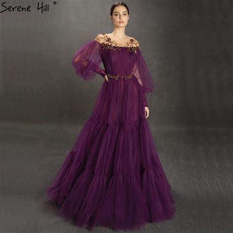 Purple Sexy Lantern Long Sleeves Evening Dresses O Neck Beading A Line