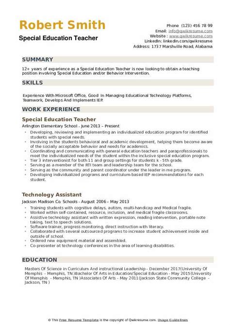 Special Education Teacher Resume Samples Qwikresume