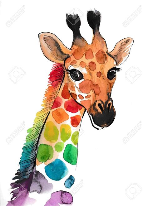 Rainbow Giraffe Ink And Watercolor Illustration Sponsored Giraffe