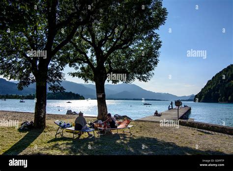 Strobl Lake Wolfgangsee With Jetty And Bathers Austria Salzburg