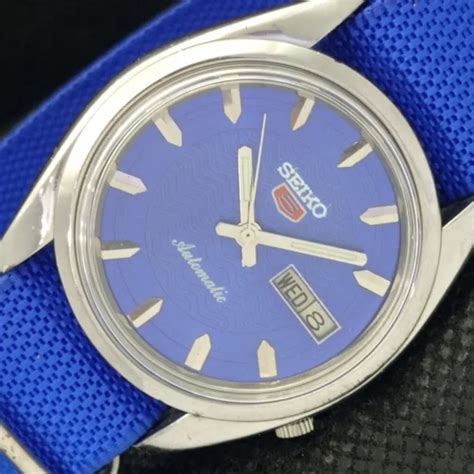 Vintage Seiko Automatic A Japan Mens Day Date Blue Watch A