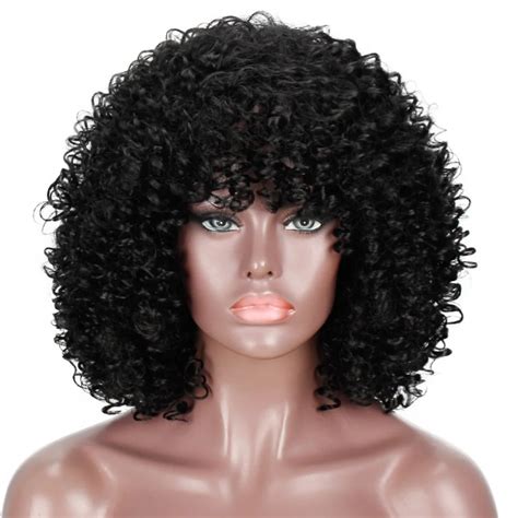 Vigorous 14 Inches Afro Kinky Curly Wigs Synthetic Short Wig With Bangs