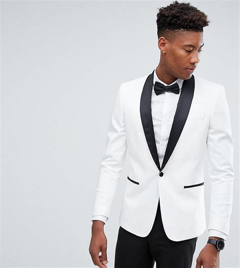 Asos Denim Tall Slim Tuxedo Suit Jacket In White With Black Contrast