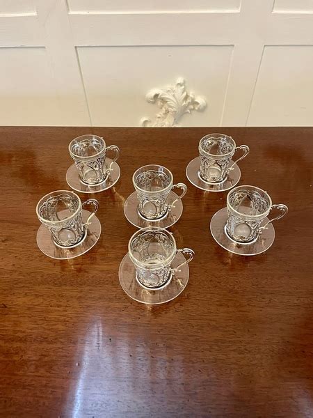 Fine Quality Set Of 6 Antique Solid Silver And Glass Coffee Cups Vinterior