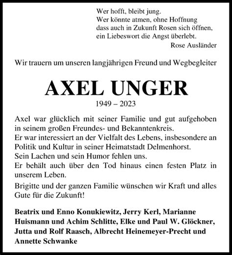 Traueranzeigen Von Axel Unger Trauer Gedenken