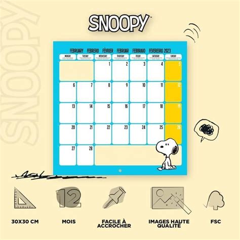 Calendrier Mural 2023 Snoopy 12 Mois 30 X 60 Cm Avec 1 Poster Inclus