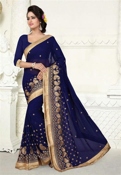 Buy Embroidered Georgette Saree In Navy Blue Online Scba584 Utsav Fashion