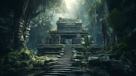 Ancient Temple In Dark Jungle Old Ruins In Fantasy Tropical Forest