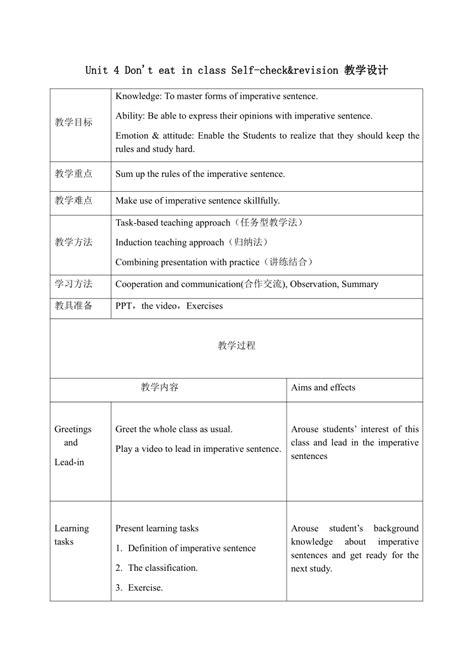 人教版英语七年级下册 Unit 4 Dont Eat In Class Self Checkandrevision 教学设计（表格式） 21世纪教育网