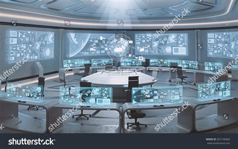 3d Rendered Empty, Modern, Futuristic Command Center Interior Stock ...