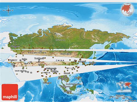 Satellite 3d Map Of Asia Single Color Outside Shaded Relief Sea