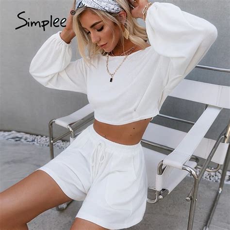 Simplee White Long Sleeves Two Piece Woman Short Suits Elastic Waist