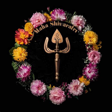 Ilustración de Maha Shivratri de trishul damru y flores con fondo negro