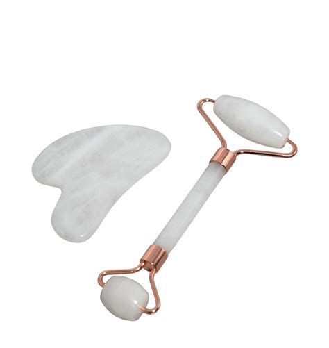 Rose Gold Clear Quartz Facial Roller And Gua Sha Dual Set Buddha Beauty Skincare