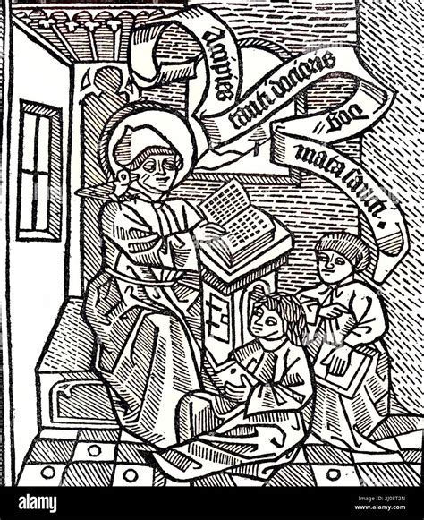 "Teacher Thomas Aquinas and two students, Lehrer Thomas von Aquino und ...