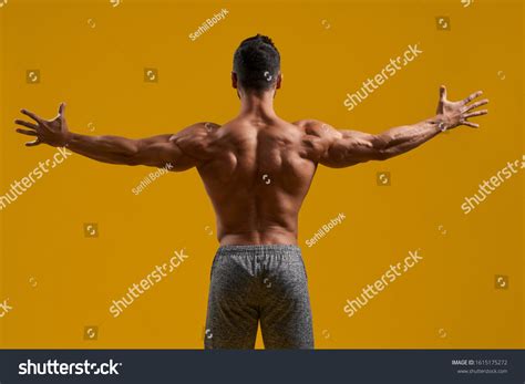 Back View Shirtless Bodybuilder Perfect Biceps Foto Stock Editar