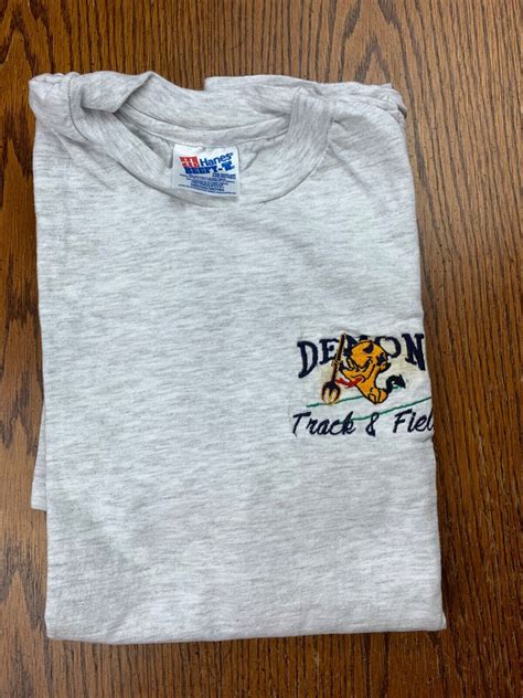 Vtg 90s Demon Pitchfork School Mascot Track And Field Embroidered Shirt